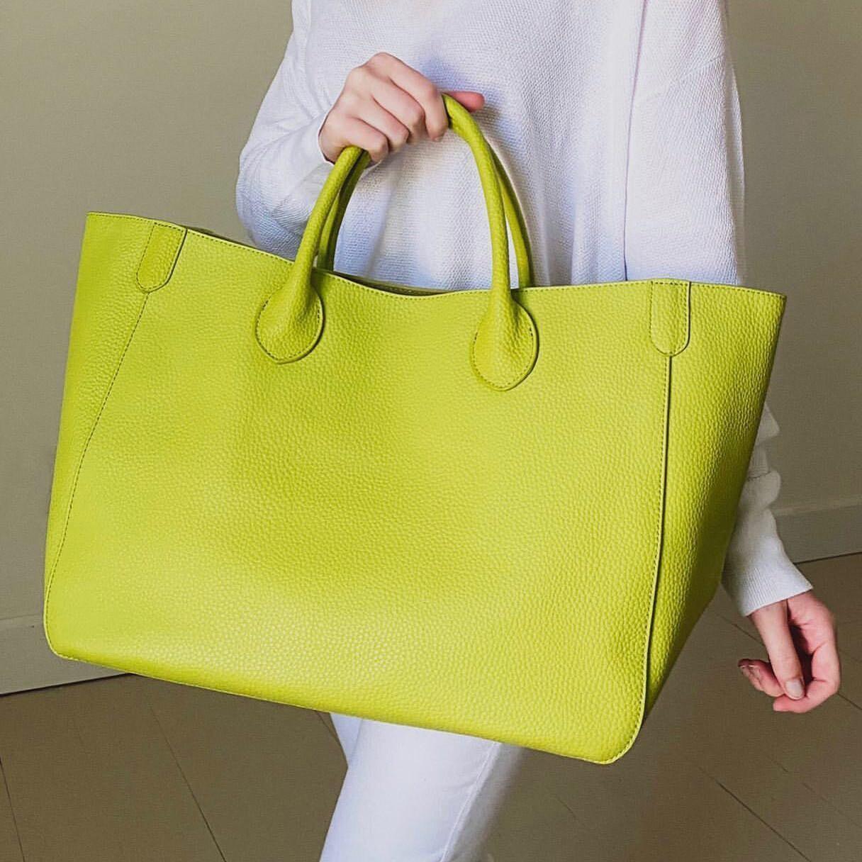 Neon Yellow Large Leather Tote Bag, Cowhide Leather Bag, Must-have Lady Fashion Bag, Weekend Bag, Lady Working Bag, Gift For Her