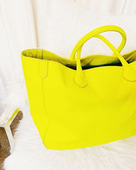 Neon Yellow Large Leather Tote Bag, Cowhide Leather Bag, Must-have Lady Fashion Bag, Weekend Bag, Lady Working Bag, Gift For Her