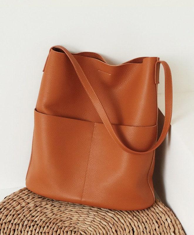 Oak Cowhide Leather Tote Bag ｜ Women Handcrafted Soft Leather Bucket Bag ｜ Minimalist Tote, Two Front Pockets Bag｜Cloud Oslo Laptop Bag