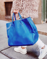 Oversize Large Leather Tote Bag, Cowhide Leather Bag, Lady Fashion Bag Blue, Personalized gifts