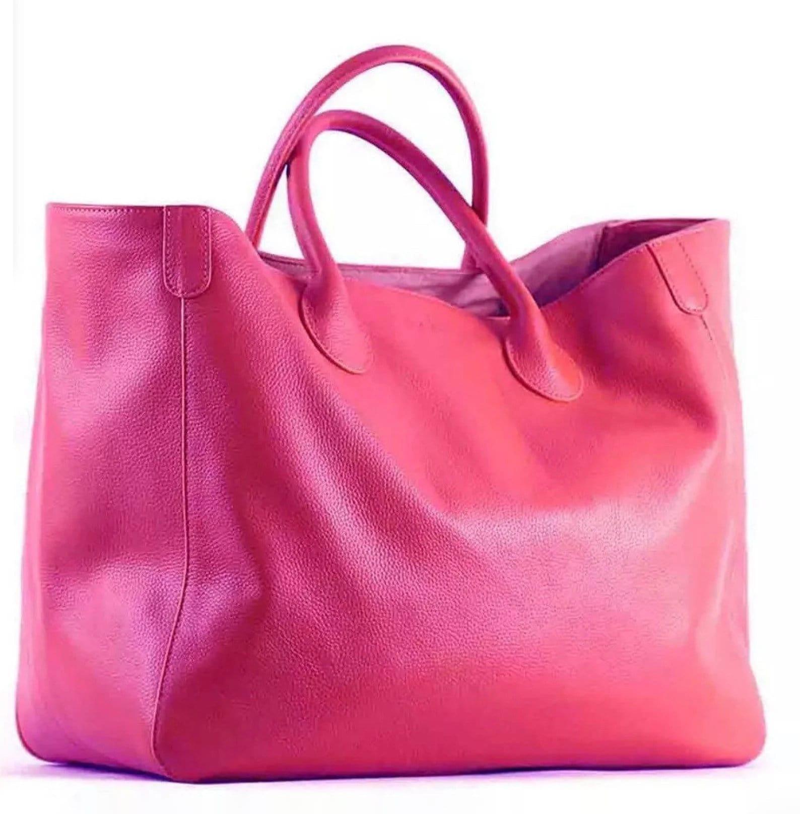 Oversize Large Leather Tote Bag, Cowhide Leather Everyday Bag, Leather Shoulder Bag, Weekend Bag Crossbody Bag, Lady Fashion Bag Hot Pink