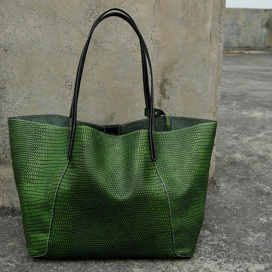 Oversize Large Leather Tote Bag, GENUINE Leather Bag, Lady Fashion Bag Green, Green Snake Print Leather Tote Bag