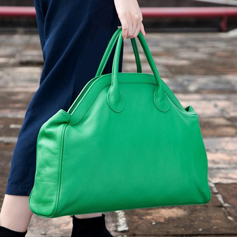 Oversize Leather Tote Bag, Brown/Green Leather Handbag, Leather Fashion Overnight Bag, X Large Leather Nappy Bag, Women Modern Everyday Bag