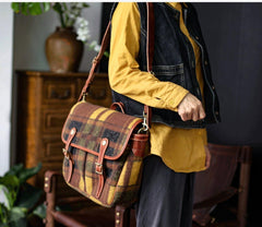 Plaid Wool Bag Tweed Bag, Women Cowhide Leather Bag, Trendy Fall Winter 2022-2023 Emerald Green Bag, Men Shoulder Strap Hobo Bag