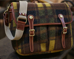 Plaid Wool Bag Tweed Bag, Women Cowhide Leather Bag, Trendy Fall Winter 2022-2023 Emerald Green Bag, Men Shoulder Strap Hobo Bag