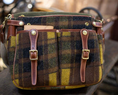 Plaid Wool Bag Tweed Bag, Women Cowhide Leather Bag, Trendy Fall Winter 2022-2023 Emerald Green Bag, Men Shoulder Strap Hobo Bag