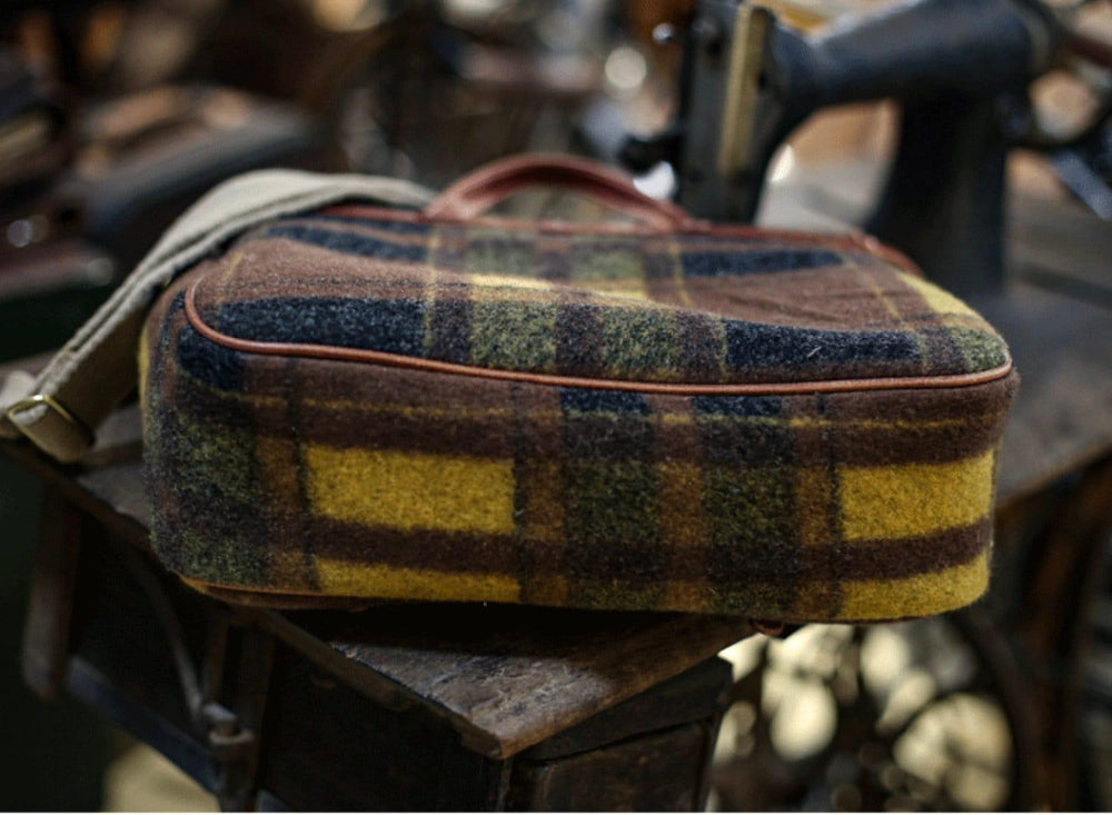 Plaid Wool Bag Tweed Bag, Women Cowhide Leather Bag, Trendy Fall Winter 2022-2023 Emerald Green Bag, Men Shoulder Strap Hobo Bag