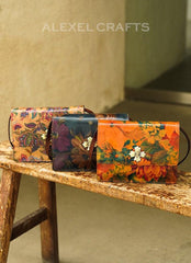 Printed Floral Cowhide Leather Bag, Vintage Oil Painting Box Bag, Designer Bag, Crossbody Minimalist Accordion Envelope Shoulder Bag