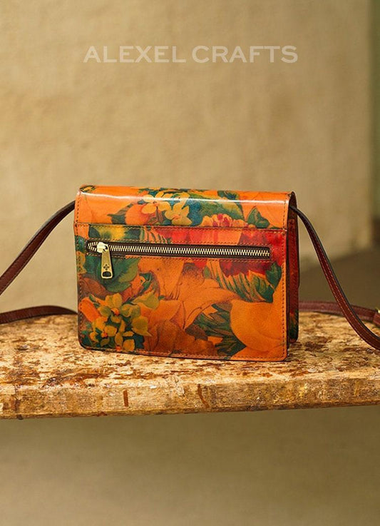 Printed Floral Cowhide Leather Bag, Vintage Oil Painting Box Bag, Designer Bag, Crossbody Minimalist Accordion Envelope Shoulder Bag