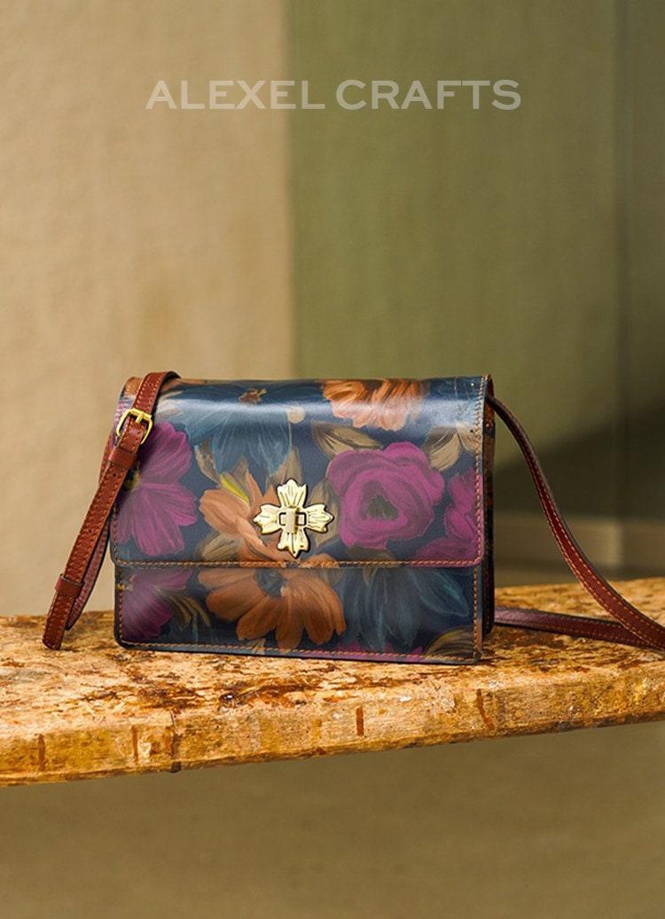 Printed Floral Cowhide Leather Bag, Vintage Oil Painting Box Bag, Designer Bag, Crossbody Minimalist Accordion Envelope Shoulder Bag