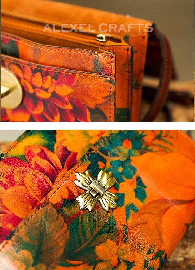 Printed Floral Cowhide Leather Bag, Vintage Oil Painting Box Bag, Designer Bag, Crossbody Minimalist Accordion Envelope Shoulder Bag