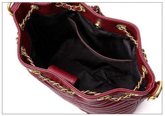 Quilted Leather Bucket Bag, Calf Leather Drawstring Fastening Shoulder Bag, Classic Wide Strap Shoulder Purse, Multiple Carry Leather Bag