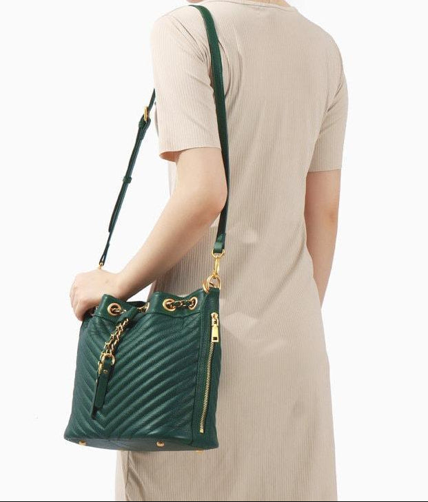 Quilted Leather Bucket Bag, Calf Leather Drawstring Fastening Shoulder Bag, Classic Wide Strap Shoulder Purse, Multiple Carry Leather Bag