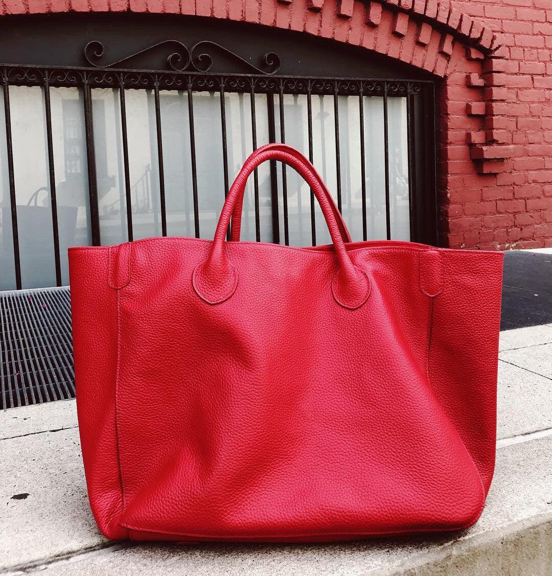 Red Large Leather Tote Bag, Cowhide Leather Bag, Must-have Lady Fashion Bag Bright Red, Weekend Bag, Working Bag, Personalized gifts