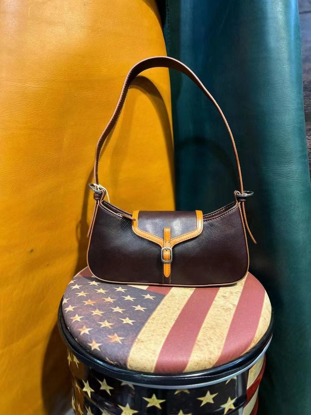 Retro Handmade Women's Bag, Contrast Color Leather Shoulder Bag, Small Satchel, Women Tote Bag Aesthetic Simple, Birthday Gift