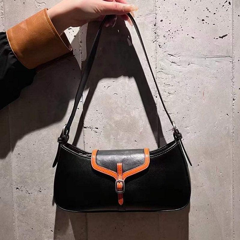 Retro Handmade Women's Bag, Contrast Color Leather Shoulder Bag, Small Satchel, Women Tote Bag Aesthetic Simple, Birthday Gift