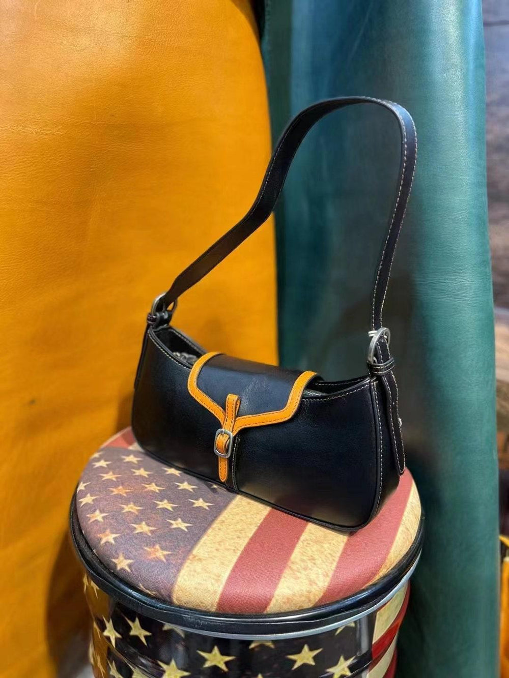 Retro Handmade Women's Bag, Contrast Color Leather Shoulder Bag, Small Satchel, Women Tote Bag Aesthetic Simple, Birthday Gift