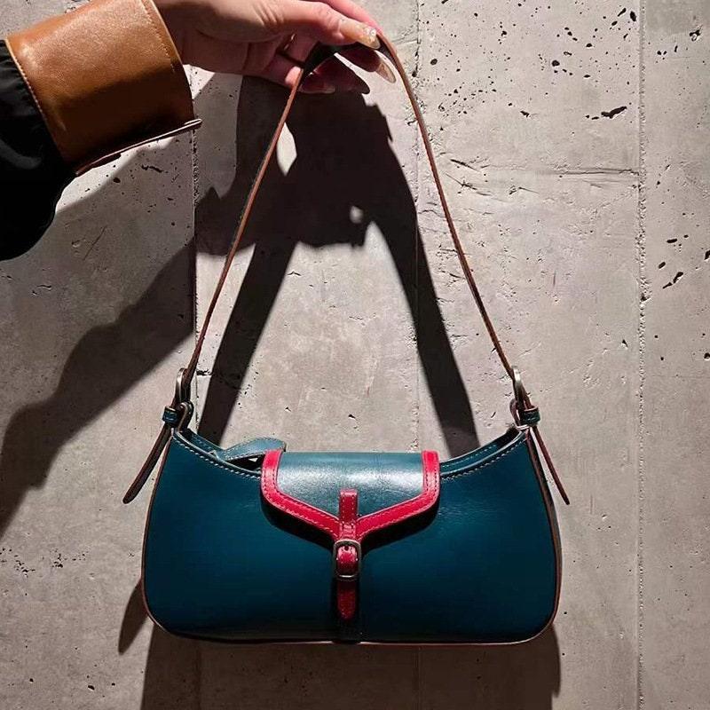 Retro Handmade Women's Bag, Contrast Color Leather Shoulder Bag, Small Satchel, Women Tote Bag Aesthetic Simple, Birthday Gift