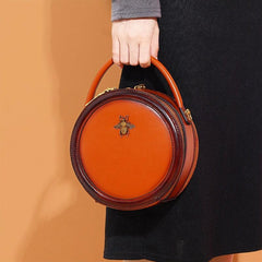 Round Cowhide Leather Bag, Leather Women&#39;s Purse, Retro Bag, Chic Shoulder Bags, Handbags, Fashionable Round Bags, Gift for Her, Brown