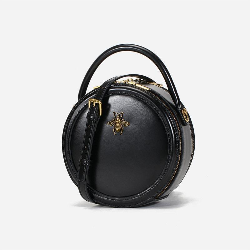 Round Cowhide Leather Bag, Leather Women&#39;s Purse, Retro Bag, Chic Shoulder Bags, Handbags, Fashionable Round Bags, Gift for Her, Black