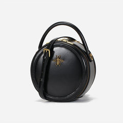 Round Cowhide Leather Bag, Leather Women&#39;s Purse, Retro Bag, Chic Shoulder Bags, Handbags, Fashionable Round Bags, Gift for Her, Black