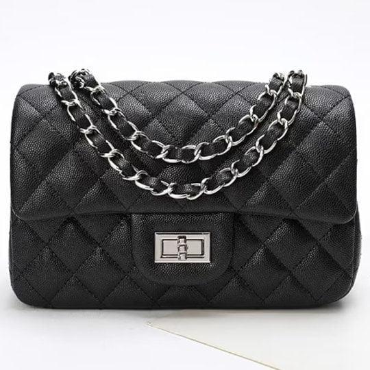 Silver Classic DIAMONDS Genuine Leather Shoulder Bag, Minimalist Bag, Iconic Black Crossbody Bag, Quilted Elegant Bag, Eternal Fashion Bag