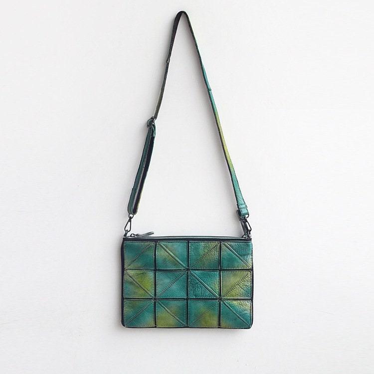 Small Geometric Purse | Cowhide Leather Shoulder Bags | Lattice Shoulder Clutch Bag in Green | Gift for Her