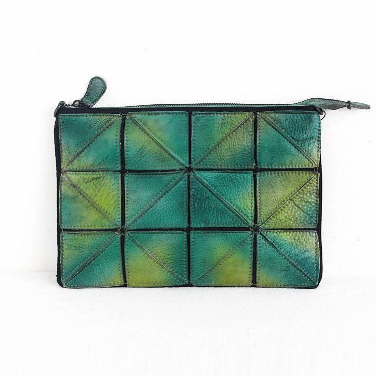 Small Geometric Purse | Cowhide Leather Shoulder Bags | Lattice Shoulder Clutch Bag in Green | Gift for Her