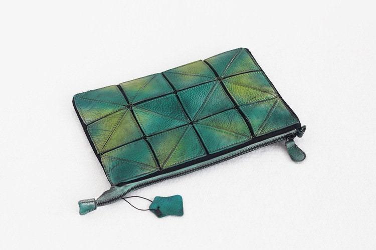 Small Geometric Purse | Cowhide Leather Shoulder Bags | Lattice Shoulder Clutch Bag in Green | Gift for Her