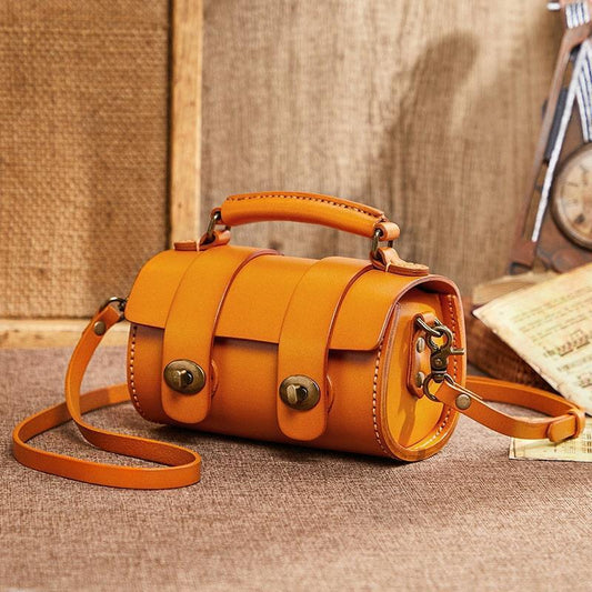 Small Natural Full Grain Leather Shoulder Bag, Cute and Durable Crossbody Bag, Handcrafted Lady Drum Handbag, Boston Bag, Gift For Her