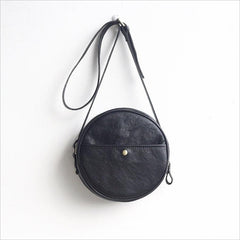 Small Vintage Designer Vegetable Leather Round Bag, Retro Shoulder Bag For Women, Handcrafted Brush Off Ladies Baguette Handbag