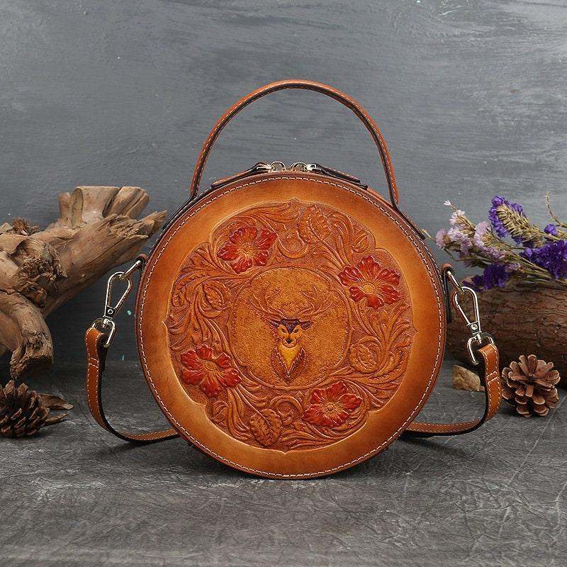 Soft leather vintage style embossed woman handbag • Retro women round bags • Round Leather Bag • Leather Circle Round Purse Bag• Handcrafted