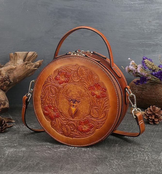 Soft leather vintage style embossed woman handbag • Retro women round bags • Round Leather Bag • Leather Circle Round Purse Bag• Handcrafted