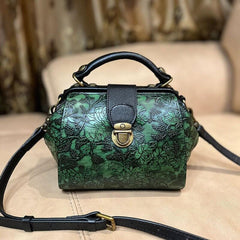 Spring/Summer Women's Wing-shaped Crossbody Bag, Cowhide Leather Doctor Bag, Vintage Embossed Design Shoulder Bag, Tan, Green, Blue Bag