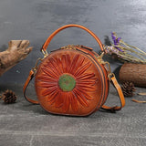 SUNFLOWER LEATHER Bag for Women, Vintage Women's Boho Bag, Sun Tooled Leather Handbag, Western Shoulder Bag, Fashionable Round Bag