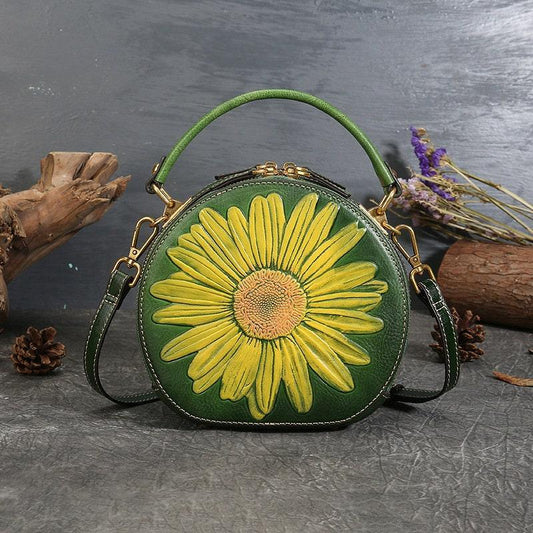 SUNFLOWER LEATHER Bag for Women, Vintage Women's Boho Bag, Sun Tooled Leather Handbag, Western Shoulder Bag, Fashionable Round Bag