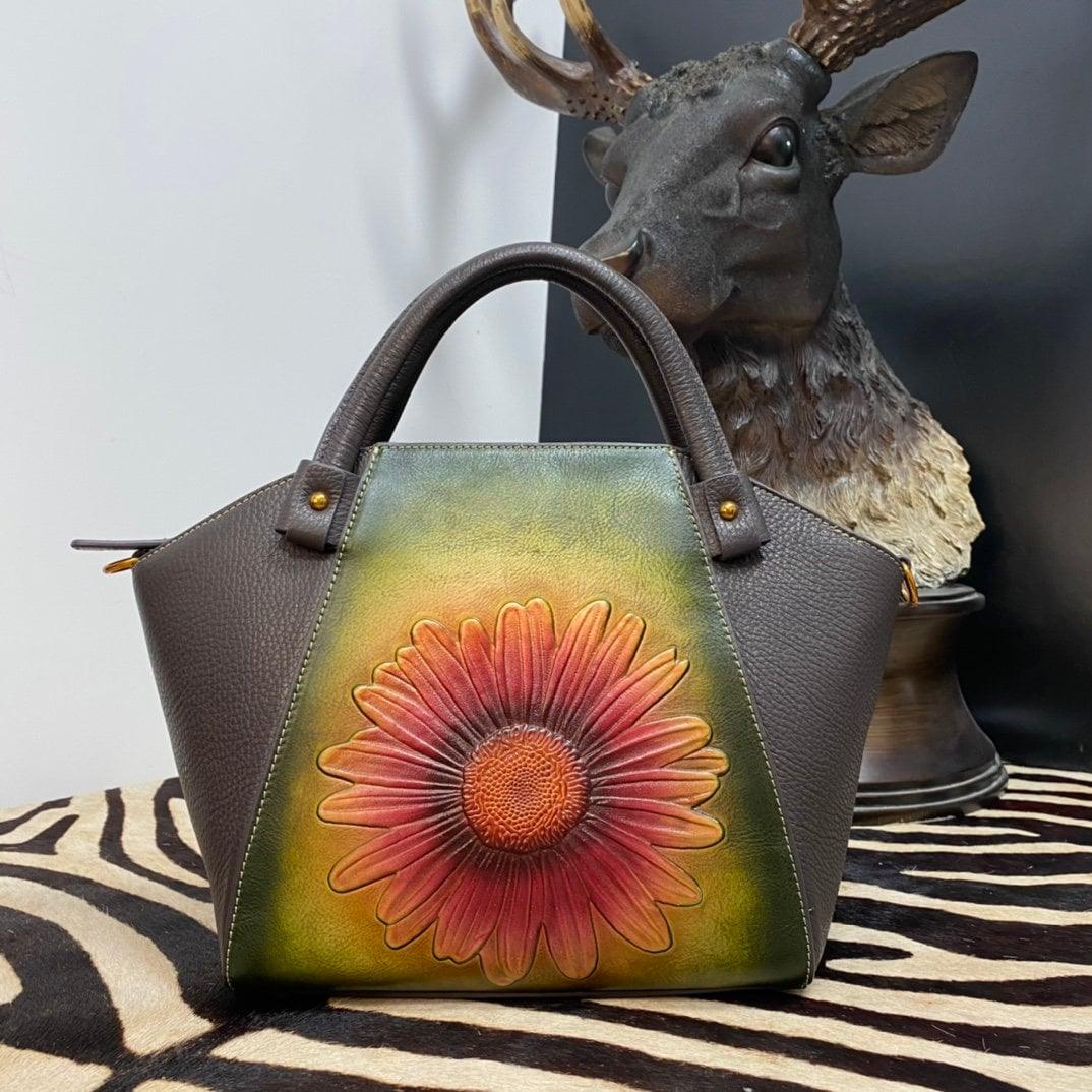The Flower Power Leather Tote Bag | Limited Edition | Handmade Purse | Leather Handbag | Cowhide Leather Women Bag | Birthday Gift For Her