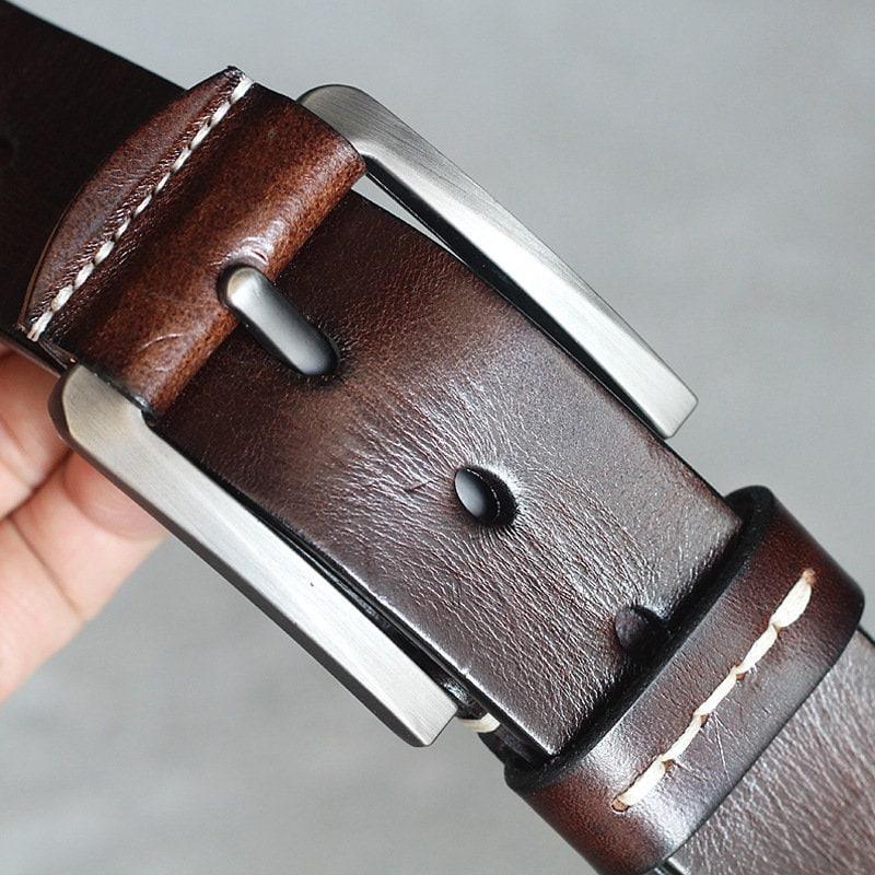 Vintage Distressed Leather Belt Black Brown Genuine Full Grain Leather Snap Belt, Handmade Minimalist Leather Belt, Gift for Him/Her