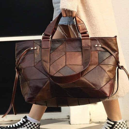 Vintage Large Genuine Leather Patchwork Contrast Handbag // Fashion Leather Travel Weekender Bag // Handcrafted Handle Bags // Extra Large