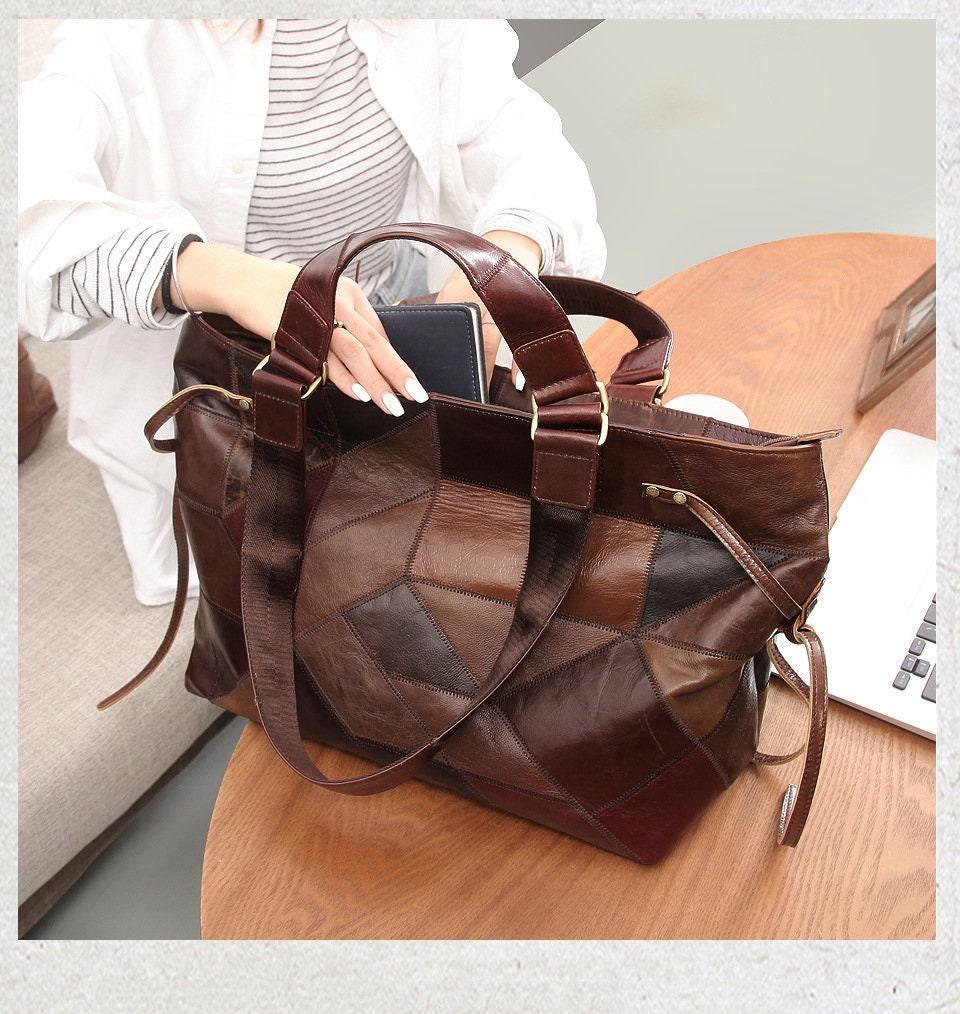 Vintage Large Genuine Leather Patchwork Contrast Handbag // Fashion Leather Travel Weekender Bag // Handcrafted Handle Bags // Extra Large