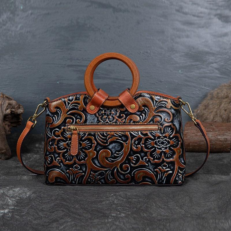 Vintage Small Leather Square Handbag, Embossed Shoulder Strap Bag, Retro Patterned Women's Crossbody Bag, Gift for Her