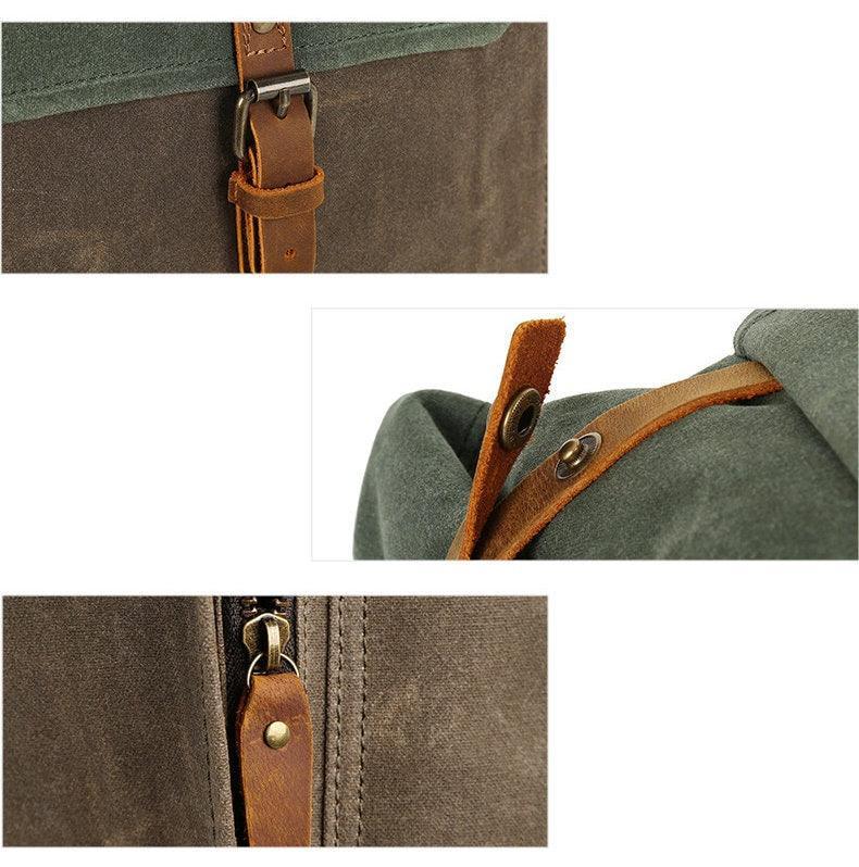 Waterproof Waxed Canvas and Cowhide Leather Laptop Backpack, Women Laptop Bag, Large Canvas Men Hiking Roll Top Backpack, Groomsmen Gifts