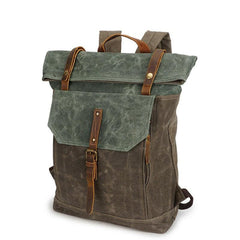Waterproof Waxed Canvas and Cowhide Leather Laptop Backpack, Women Laptop Bag, Large Canvas Men Hiking Roll Top Backpack, Groomsmen Gifts