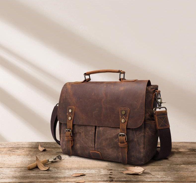 Waxed Canvas and Cowhide Leather Messenger Bag Men Satchel Briefcase Vintage Crossbody Bag Shoulder Bag Laptop Bag Unique Groomsmen Gifts