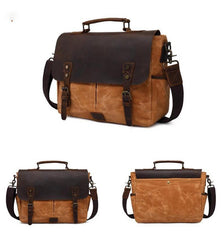 Waxed Canvas and Cowhide Leather Messenger Bag Men Satchel Briefcase Vintage Crossbody Bag Shoulder Bag Laptop Bag Unique Groomsmen Gifts