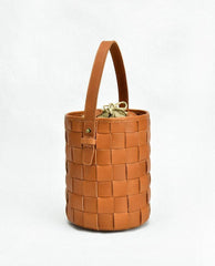 Woven Leather Bucket Bag In Tan, Handcrafted Woven Shoulder Bag, Woven Designer Bag, Handmade Shoulder Bag, Modern Leather Crossbody Bag