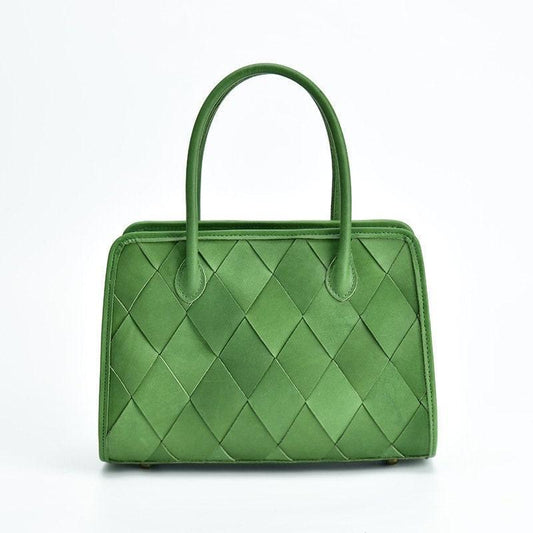 Woven Leather Shoulder Bag, Soft Woven Handbag, Leather Boston Bag, Handmade Shoulder Bag, Modern Leather Crossbody Bag, Forest Green/Brown
